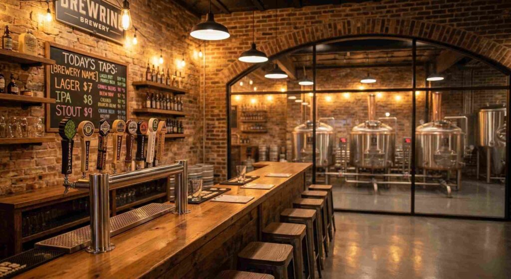 Craft brewery taproom with bar seating and brewing tanks visible in the background