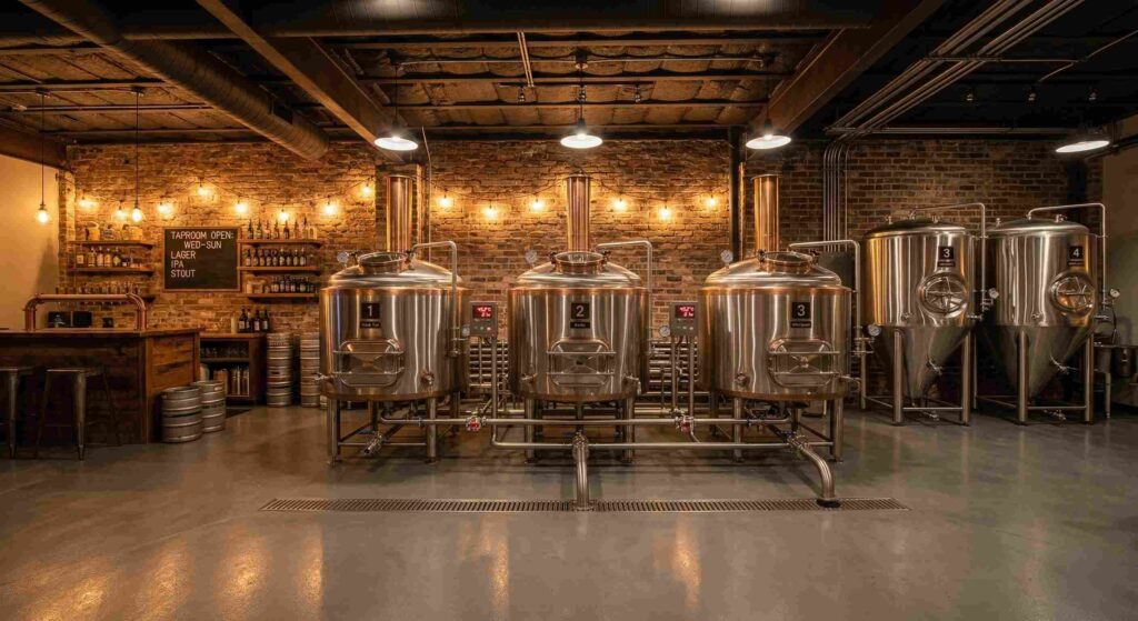 Inside a craft brewery showing a 7 BBL stainless steel brewhouse system start a brewery